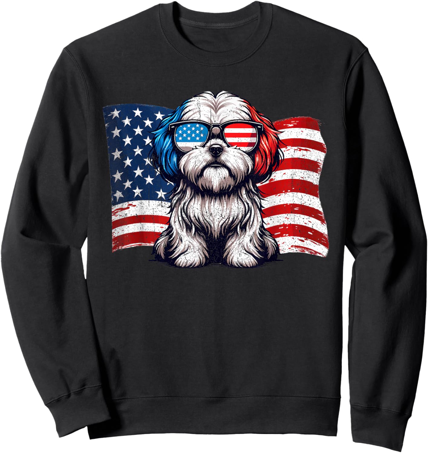 Vintage Lhasa Apso Dogs American Flag Sunglasses Patriotic Sweatshirt - Sweatshirt | Black