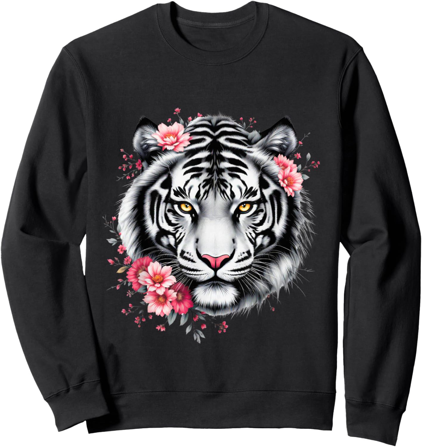White Tiger With Flowers Graphic Sweatshirt - Sweatshirt | Black