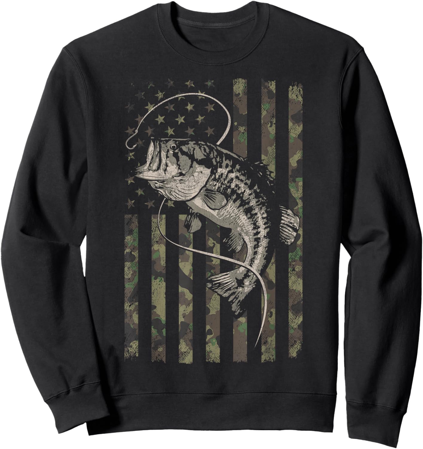 Fishing Camo American Flag Bass Fish Camouflage Sweatshirt - Sweatshirt | Black