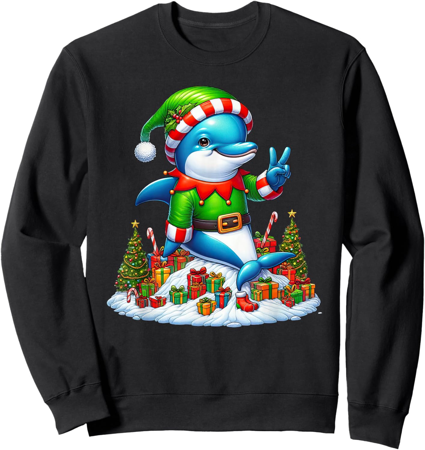 Funny Peace Hand Dolphin Elf Christmas Kids Sweatshirt - Sweatshirt | Black