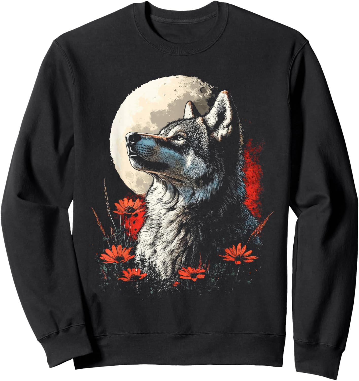 Graphic Women Men Teens Kids Wolf Animal Moon & Flowers Sweatshirt - Sweatshirt | Black