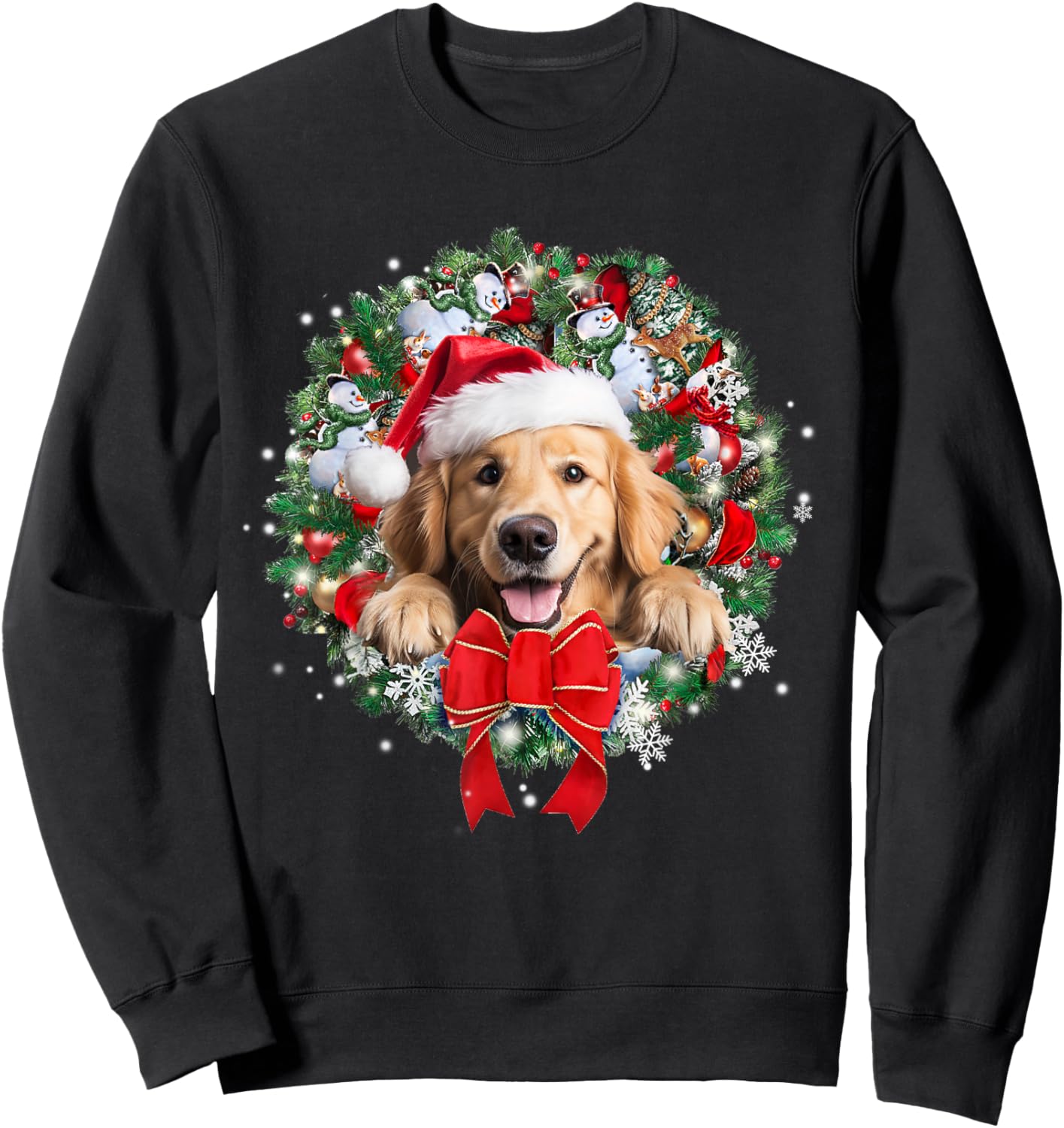 Golden Retriever Christmas Wreath Decoration Xmas Pajamas Sweatshirt - Sweatshirt | Black