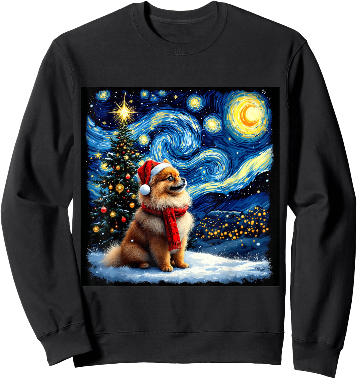 Pomeranian Starry Night Christmas Van Gogh Dog Santa Hat Sweatshirt - Sweatshirt | Black