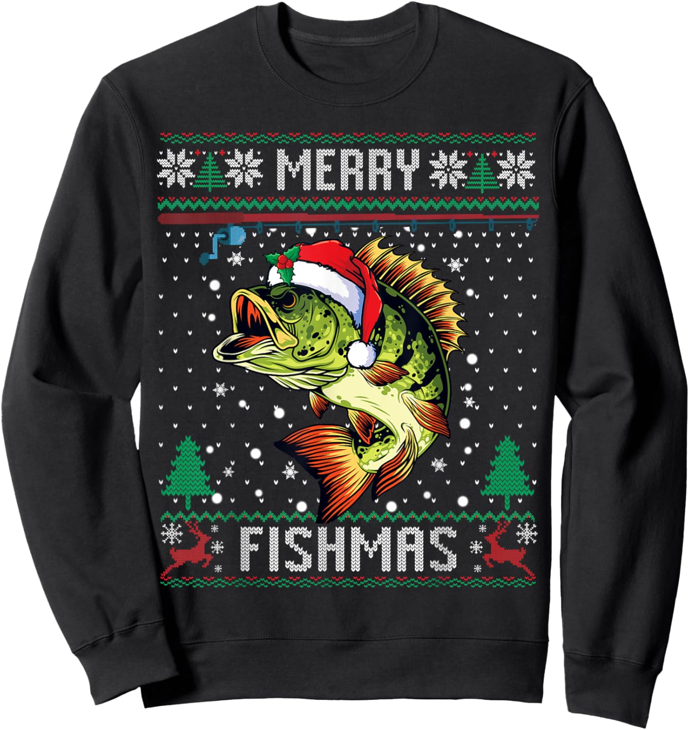 Merry Fishmas Bass Fish Fishing Christmas Ugly Sweater Xmas Sweatshirt - Sweatshirt | Black