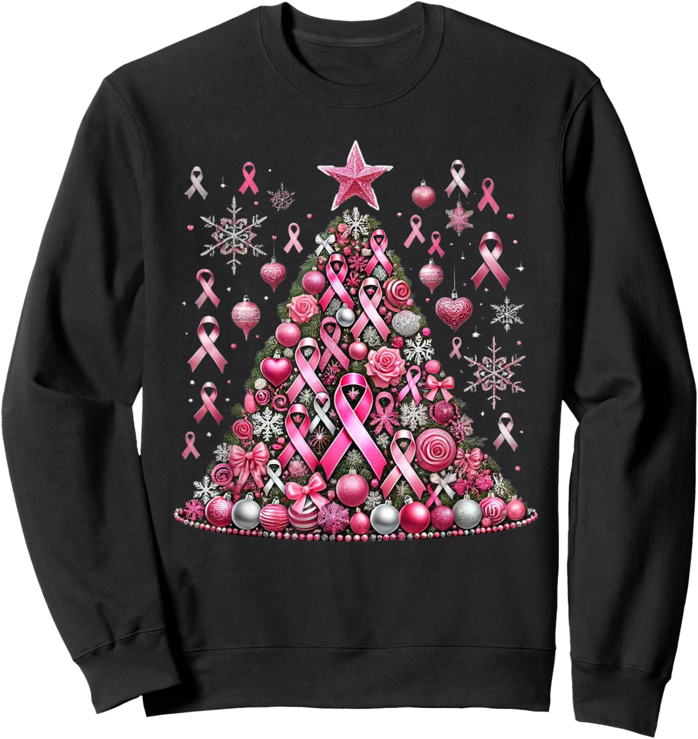 Snowflakes Ornament Decoration Breast Cancer Christmas Tree Sweatshirt - Sweatshirt | Black