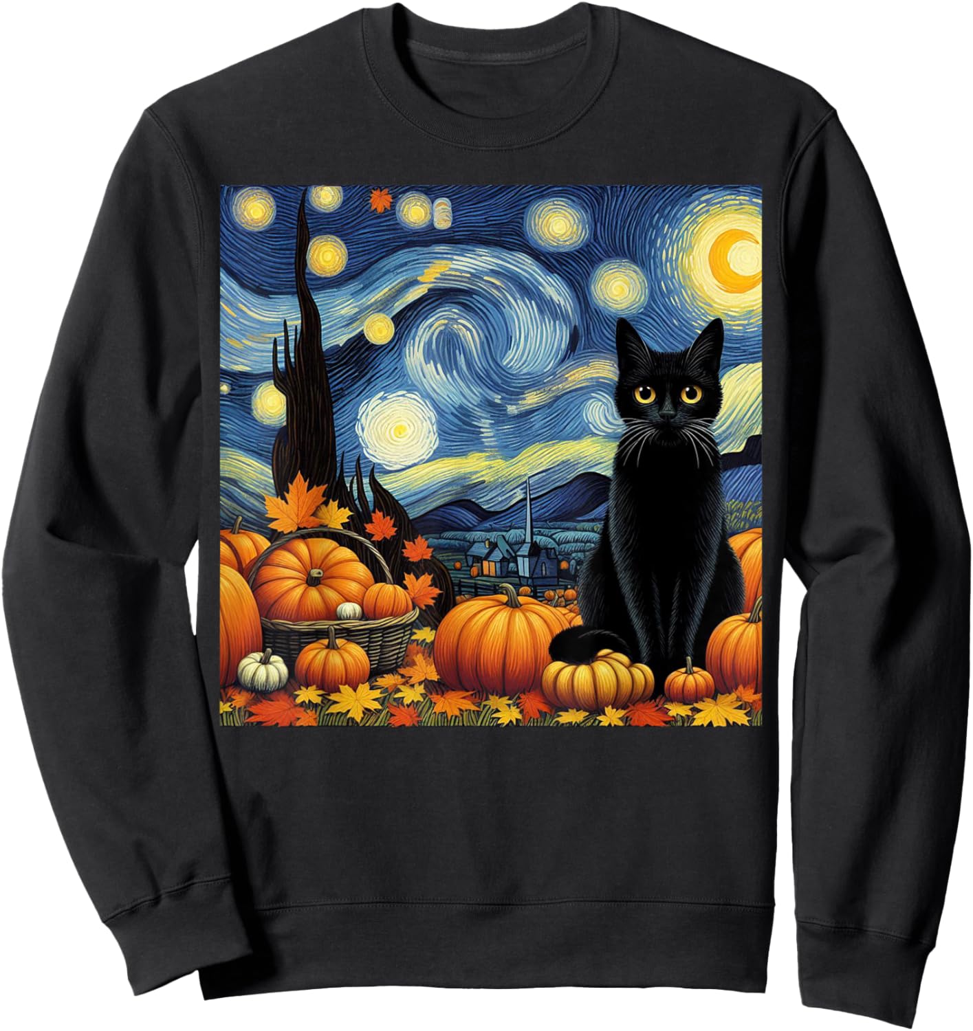 Thanksgiving Van Gogh Starry Night Black Cat Pumpkins Cat Lo Sweatshirt - Sweatshirt | Black