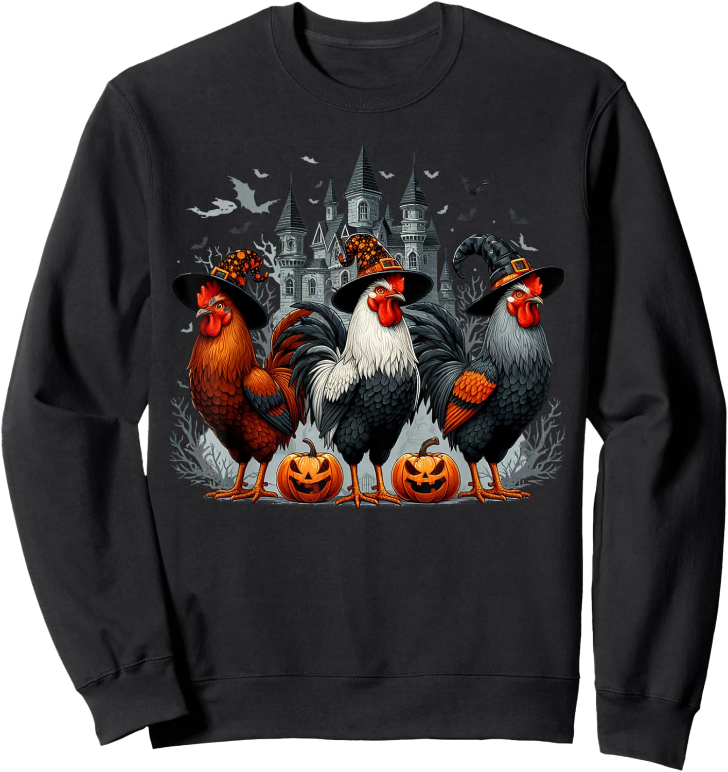Retro House Chicken Witch Halloween Spooky Autumn Fall Sweatshirt - Sweatshirt | Black