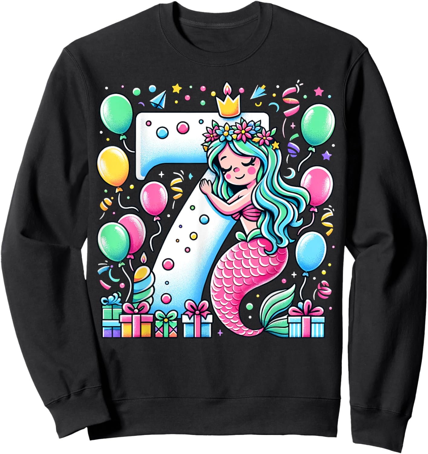 Mermaid 7th birthday for boy girl 7 years old seven Mermaid Sweatshirt - Sweatshirt | Black