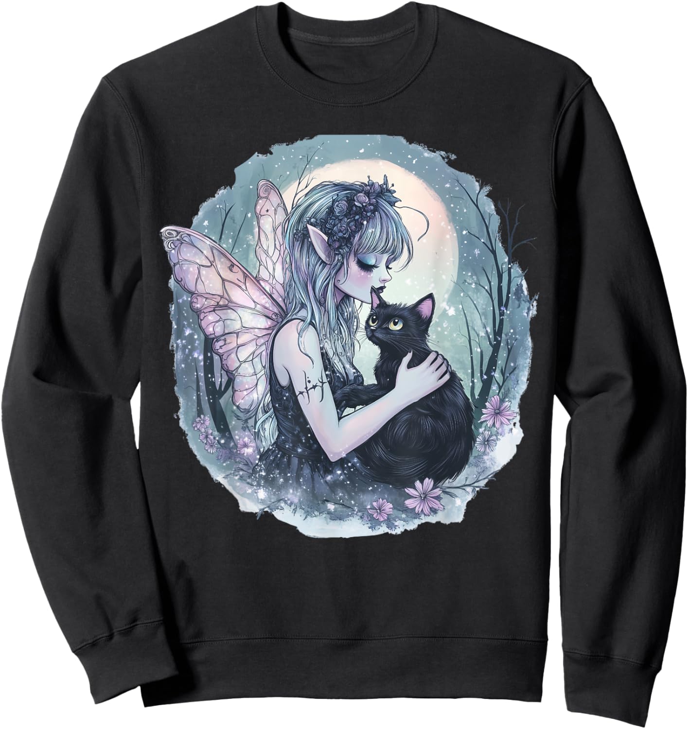 Forest Fairy Grunge Enchanting Gothic Cat Mystical Moon Women Kids Sweatshirt - Sweatshirt | Black