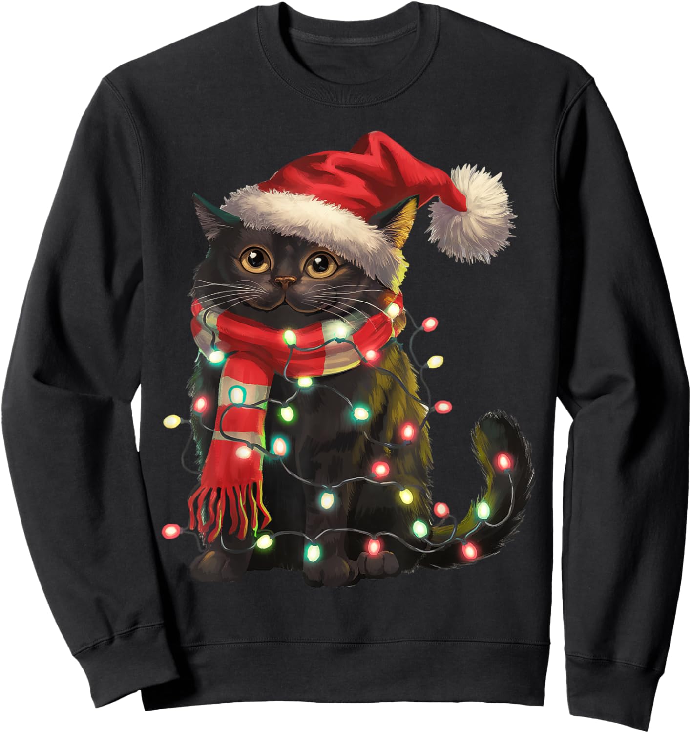 Black Cat Christmas Lights Santa Hat Christmas Cat Lover Women Kids Sweatshirt - Sweatshirt | Black