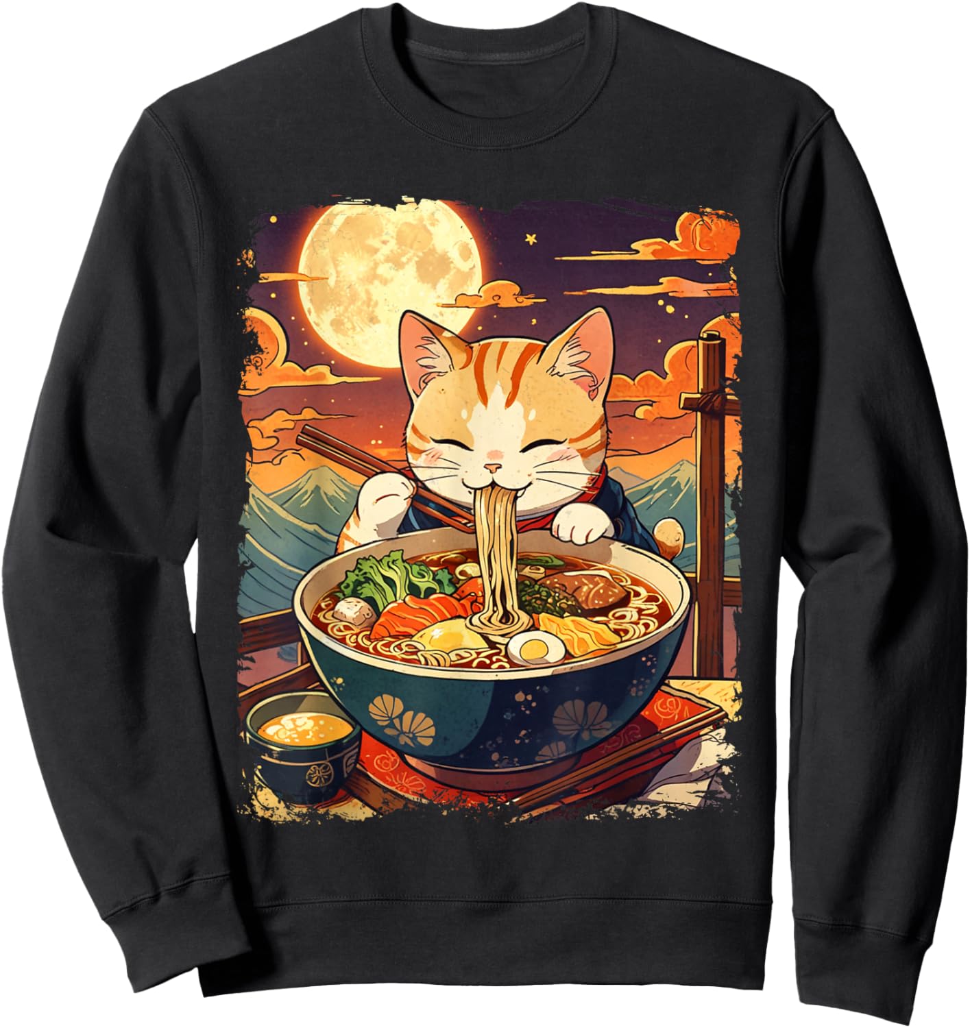 Cat Ramen Japanese Funny Graphic Kawaii Cat Anime Ukiyo-e Sweatshirt - Sweatshirt | Black