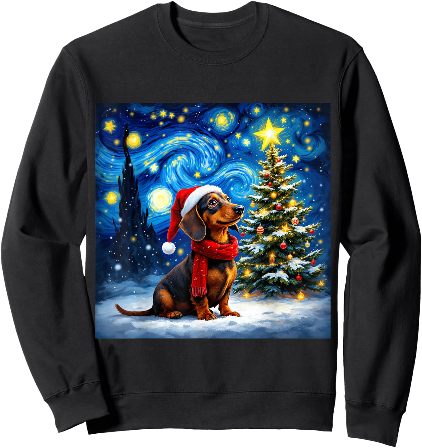 Dachshund Starry Night Christmas Van Gogh Dog Santa Hat Sweatshirt - Sweatshirt | Black