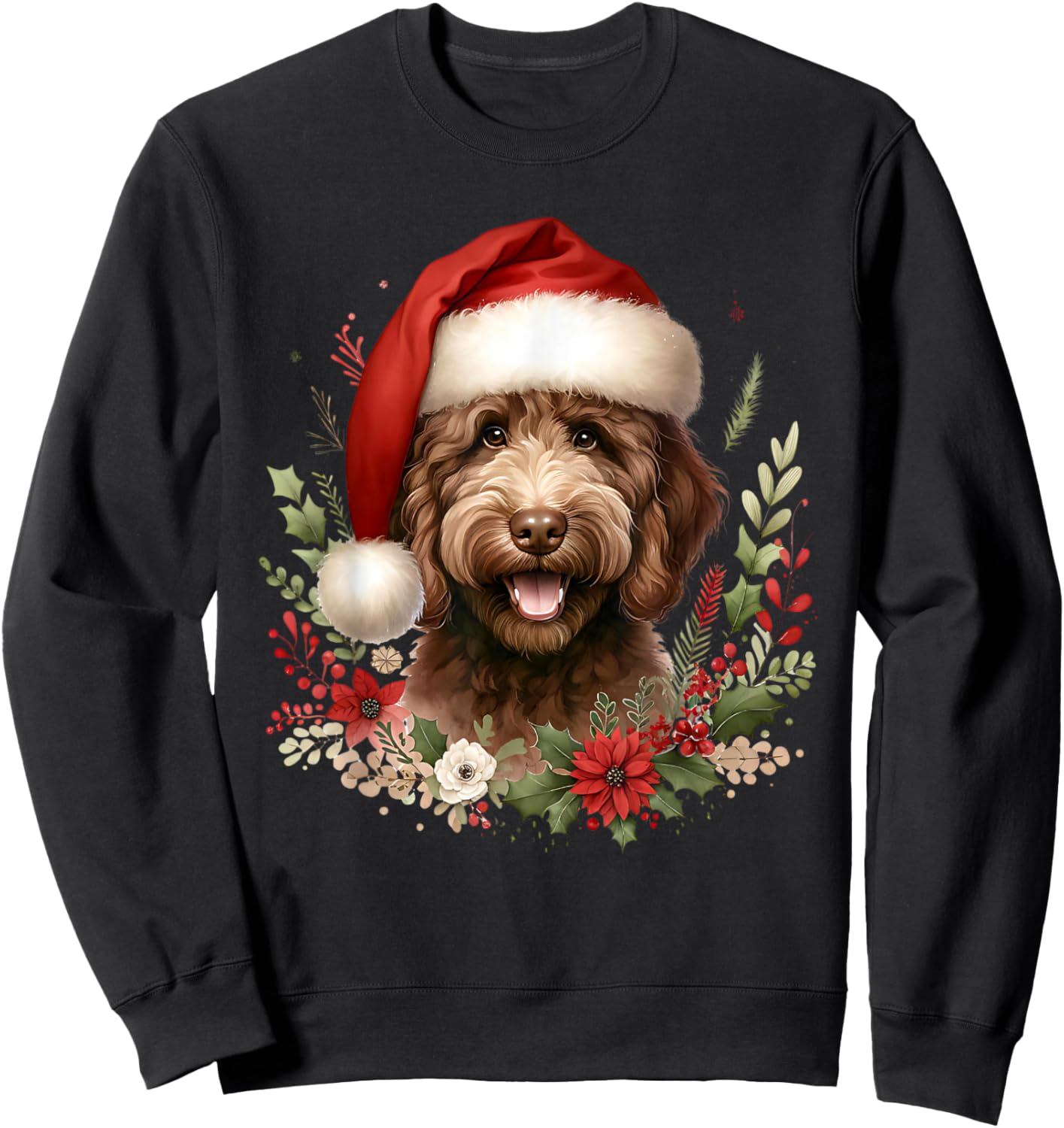 Christmas Chocolate Labradoodle Dog Watercolor Artwork Sweatshirt - Sweatshirt | Black