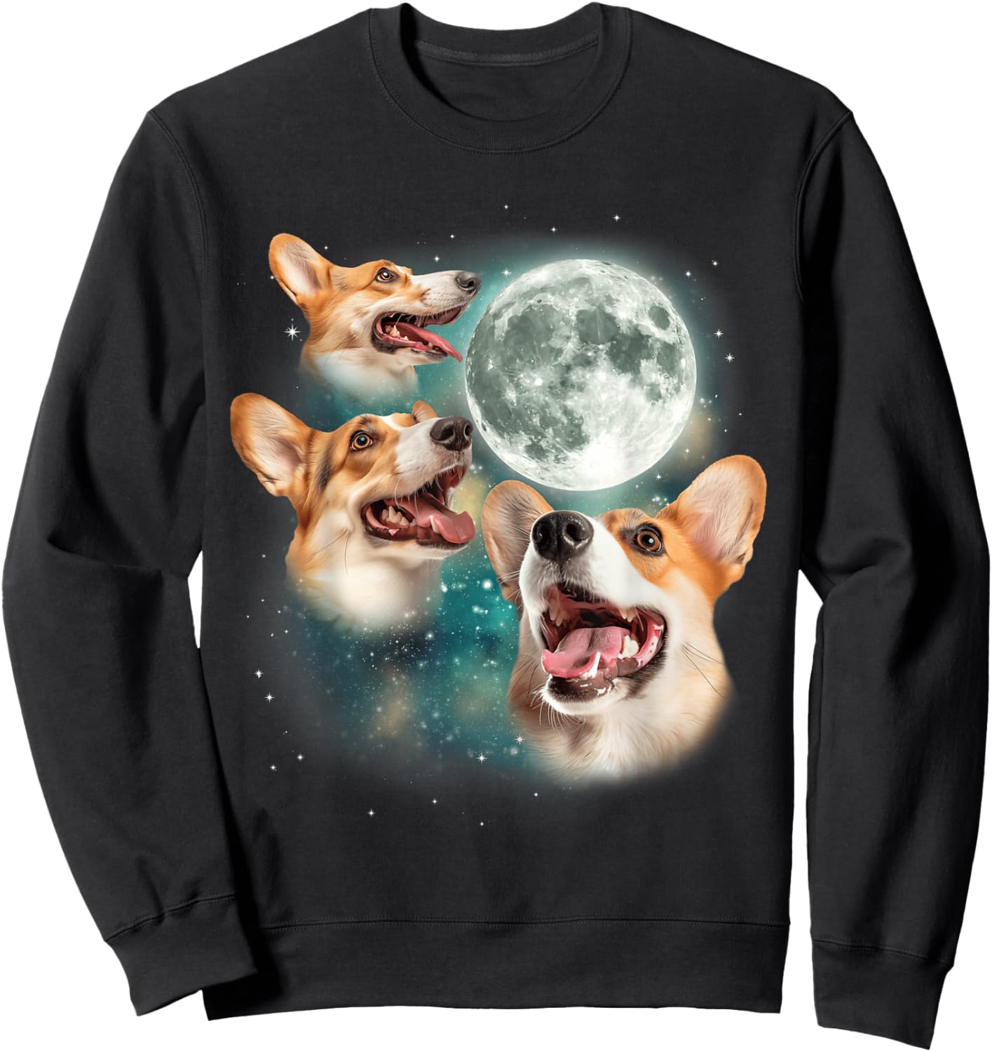 Three Corgi Moon | 3 Cute Corgi Pups Howling Dog Meme Canine Sweatshirt - Sweatshirt | Black