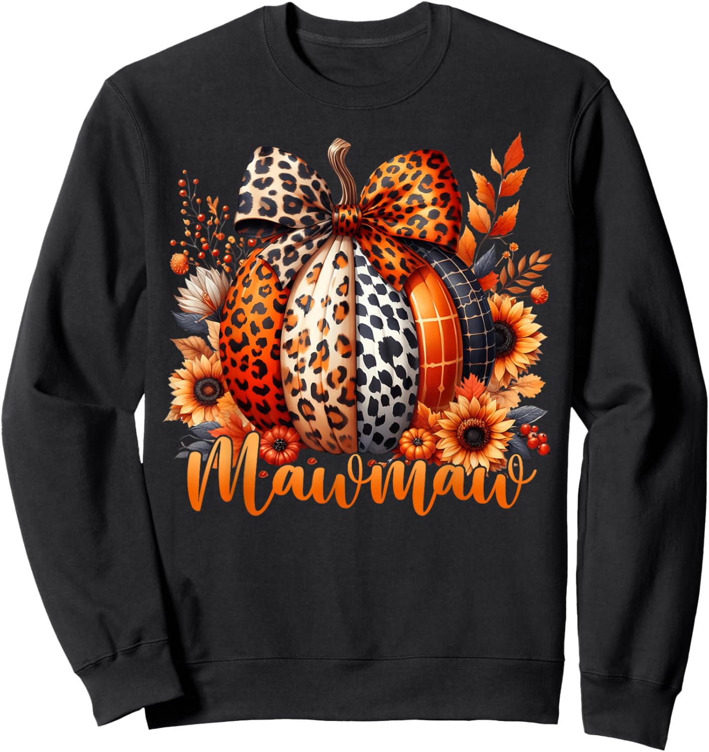 Mawmaw Thanksgiving Leopard Pumpkin Sunflower Coquette Bow Sweatshirt - Sweatshirt | Black