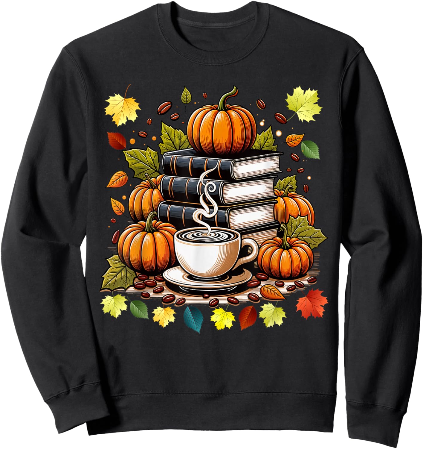 Books Coffee Fall Leaves and Pumpkins Vintage Library Sweatshirt - Sweatshirt | Black