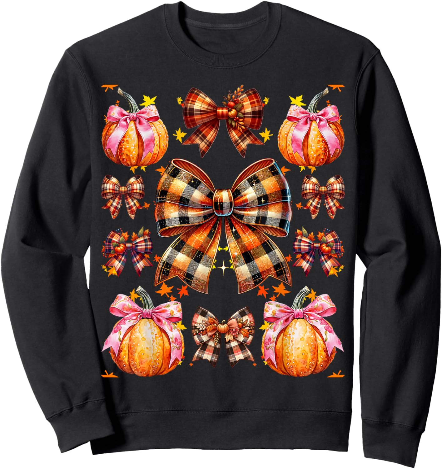 Coquette Bow Pumpkin Season Thanksgiving Autumn Fall Leaves Sweatshirt - Sweatshirt | Black