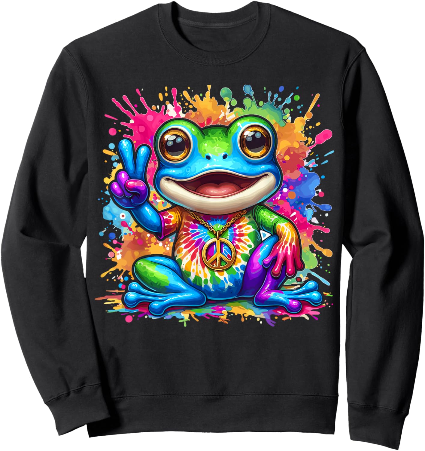 Magical and Funny Hippie Gifts Tie-Dye Frog Peace Sign Hippie Sweatshirt - Sweatshirt | Black