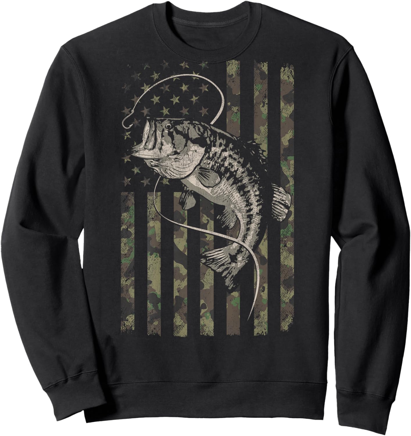 Fishing Camo American Flag Bass Fish (Design on Back) Sweatshirt - Sweatshirt | Black