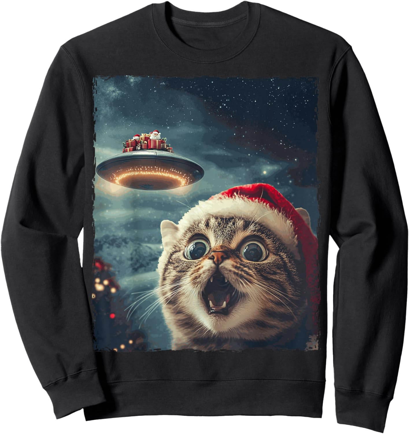 Funny Cat Selfie Santa Ufo Xmas Christmas Sweatshirt - Sweatshirt | Black