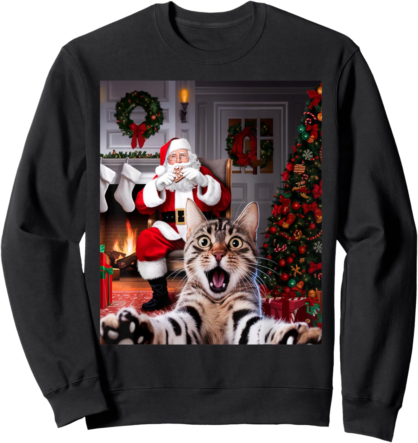Christmas Funny Cat Selfie with Santa Claus Cute Holiday Sweatshirt - Sweatshirt | Black