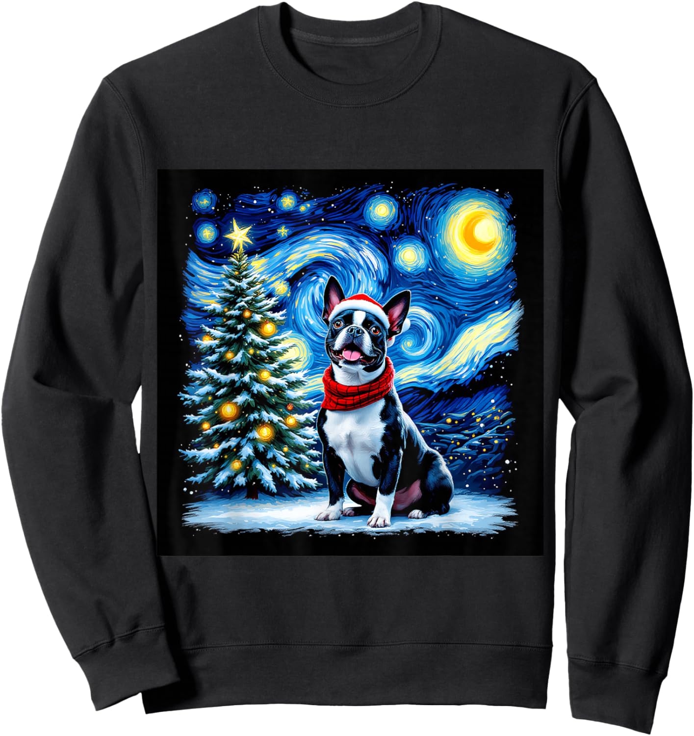 Boston Terrier Starry Night Christmas Van Gogh Dog Santa Hat Sweatshirt - Sweatshirt | Black