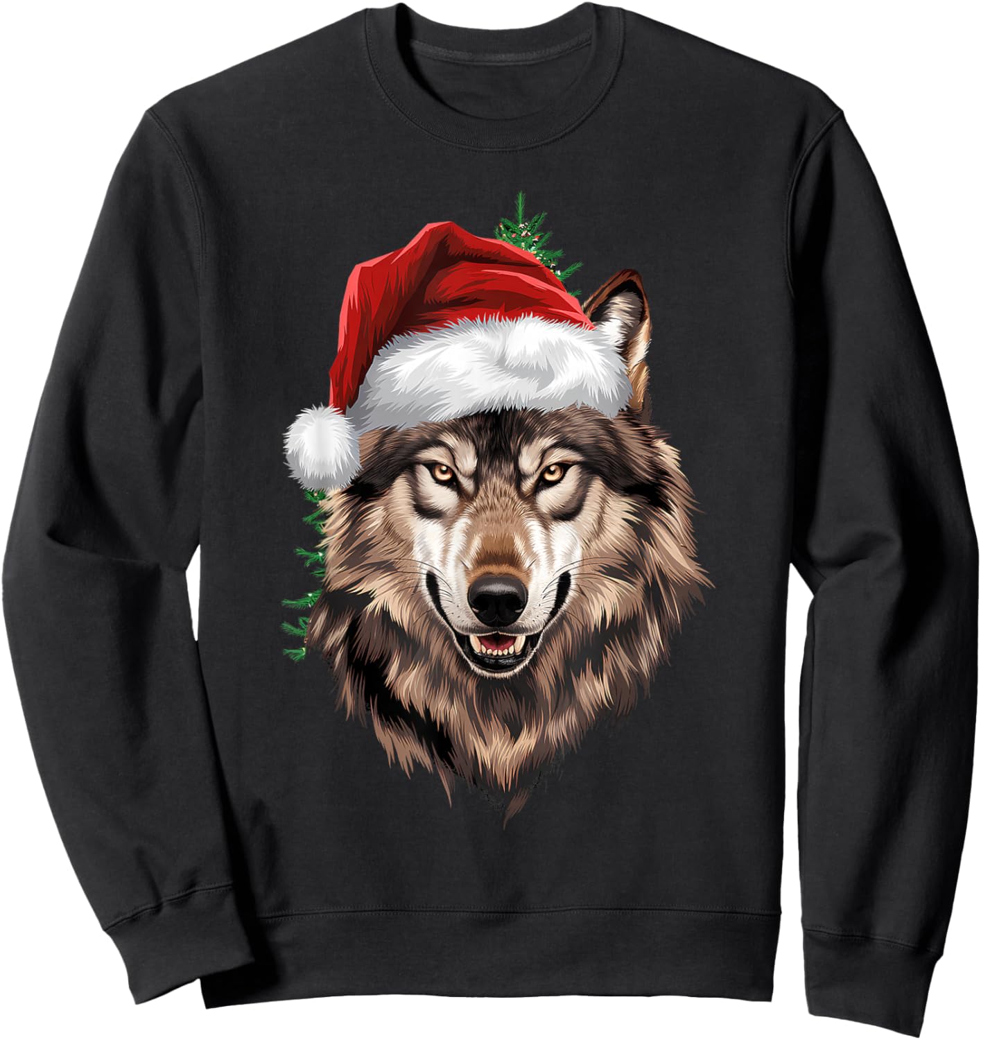 Wolf Christmas Funny Xmas tree Wearing Santa Hat Sweatshirt - Sweatshirt | Black