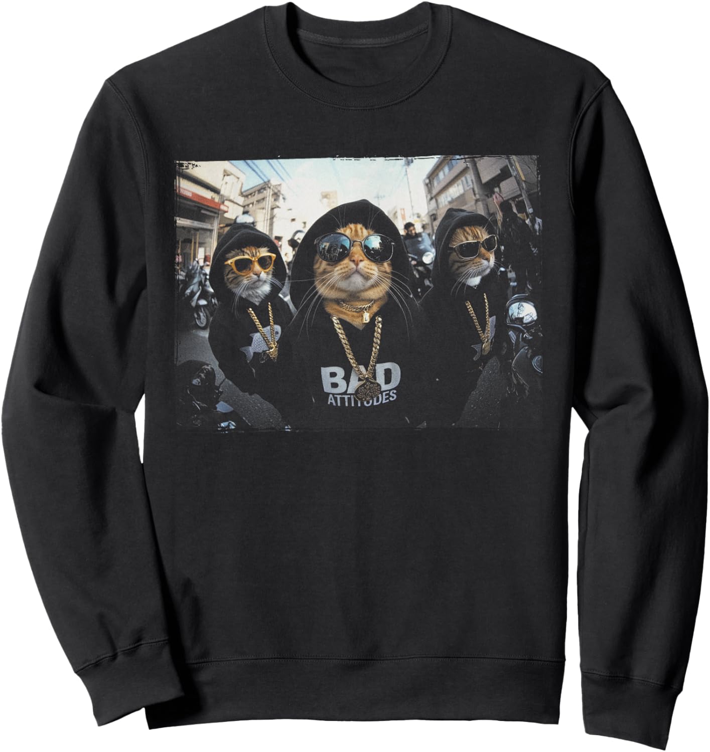 Hip Hop Gangster Cats Metal Rocker Sunglasses Feline Humor Sweatshirt - Sweatshirt | Black