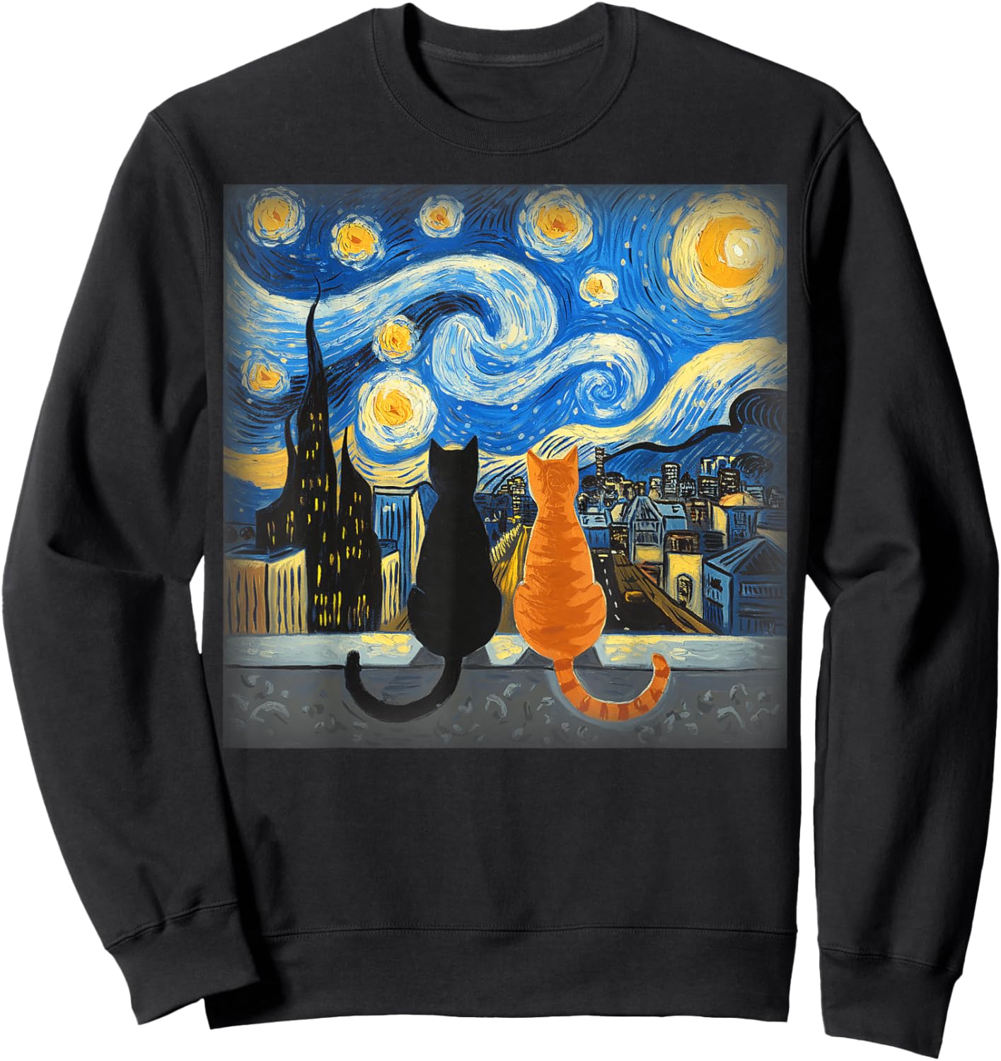 Vincent Van Gogh Starry Night Cat Gift Cat Mom & Dad Sweatshirt - Sweatshirt | Black