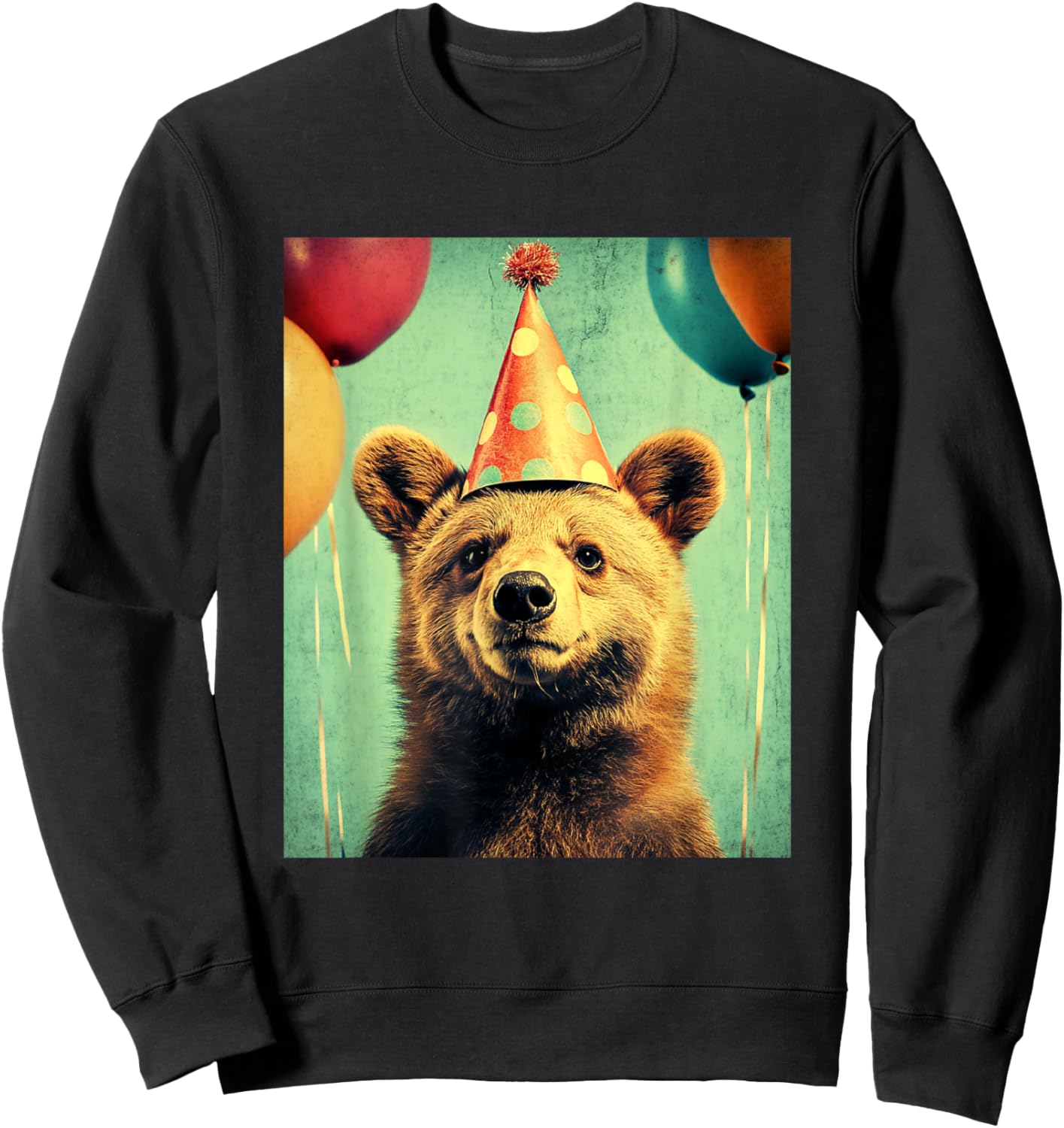 Bear Retro Art Print Birthday Party Balloons & Party Hat Sweatshirt - Sweatshirt | Black
