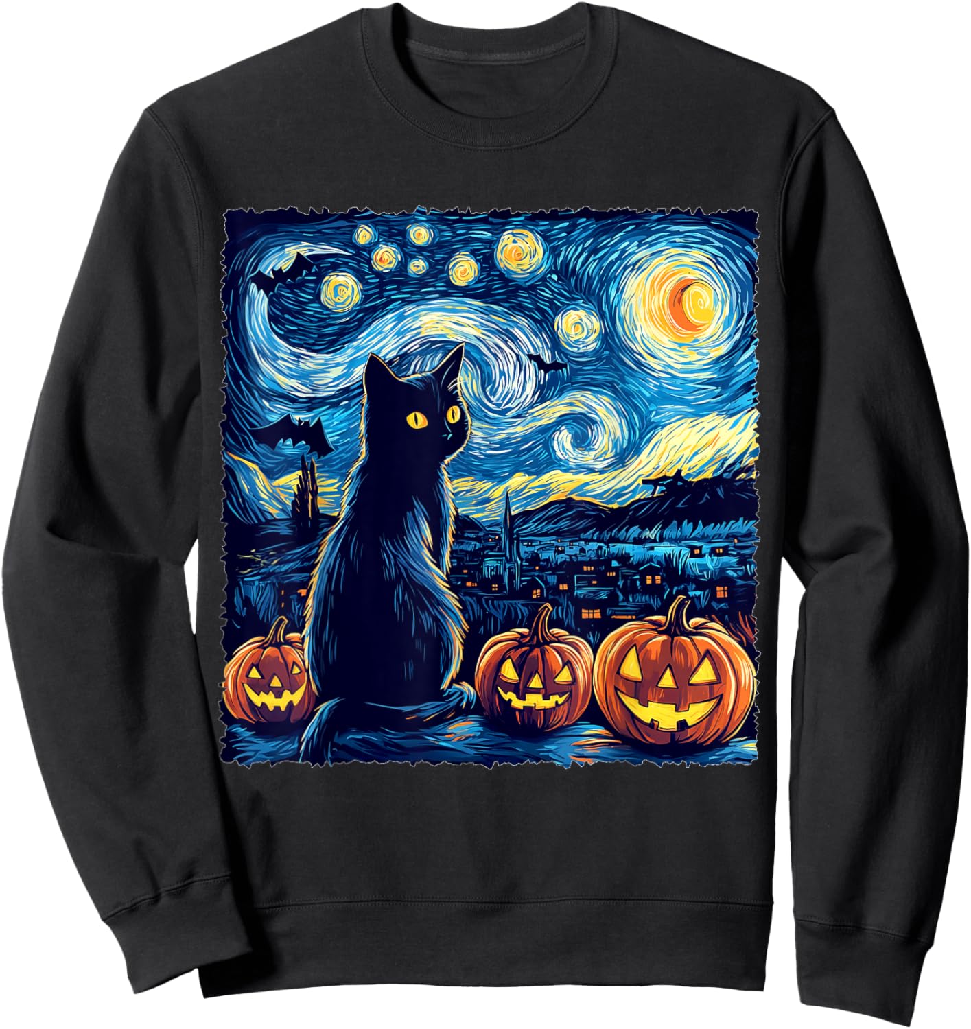 Cat Starry Night Van Gogh Cat For Cat Lover Cat Dad Cat Mom Sweatshirt - Sweatshirt | Black