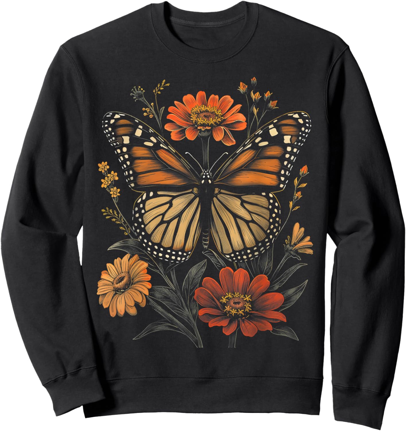 Vintage Monarch Butterfly Zinnias Flower Girl Plant Mom Sweatshirt - Sweatshirt | Black