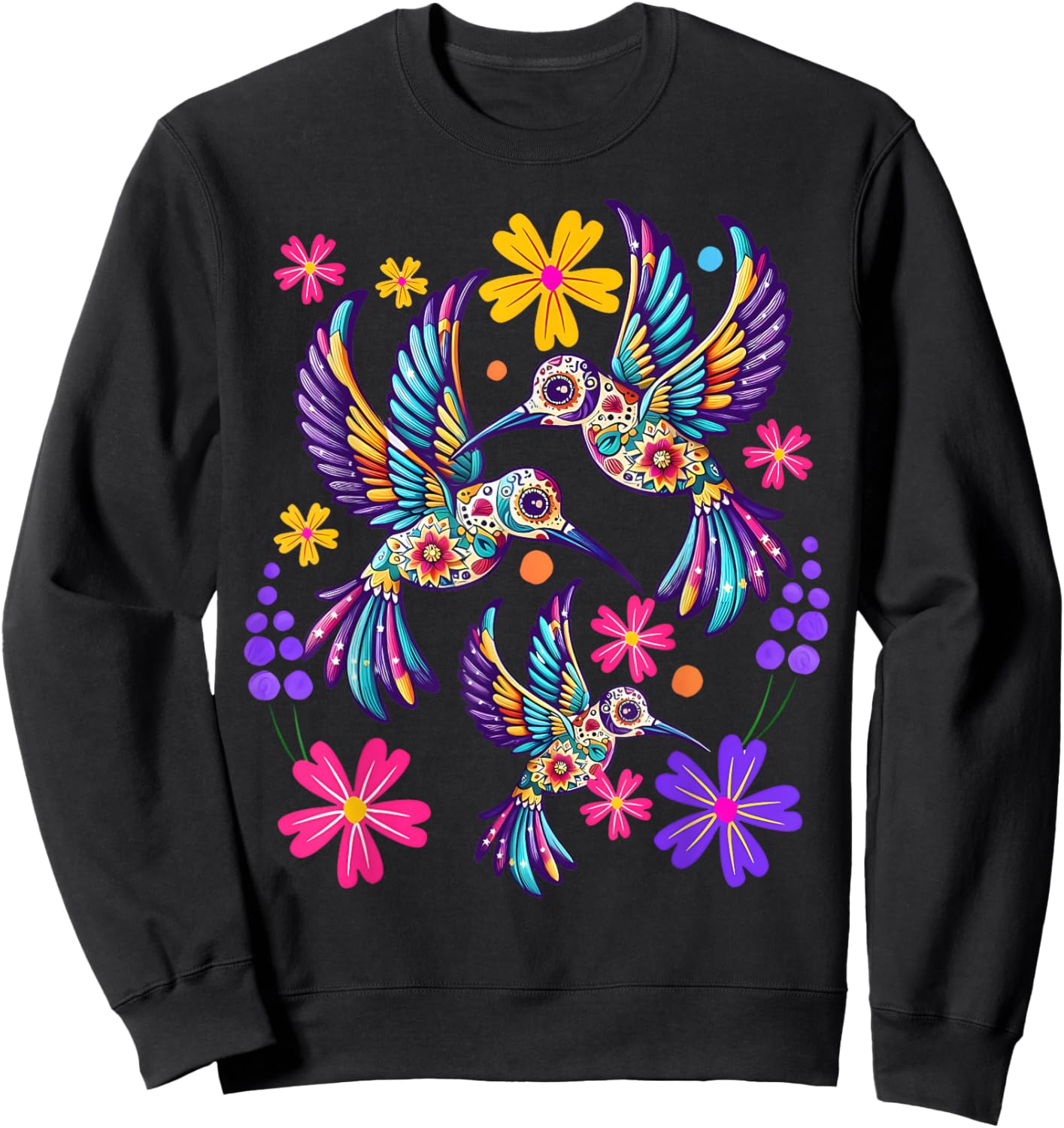 Hummingbird Colorful Mexican Flowers Bird Floral Nature Sweatshirt - Sweatshirt | Black