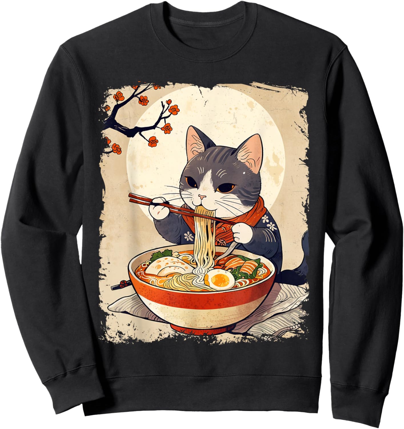 Cat Ramen Japanese Funny Graphic Kawaii Cat Anime Ukiyo-e Sweatshirt - Sweatshirt | Black