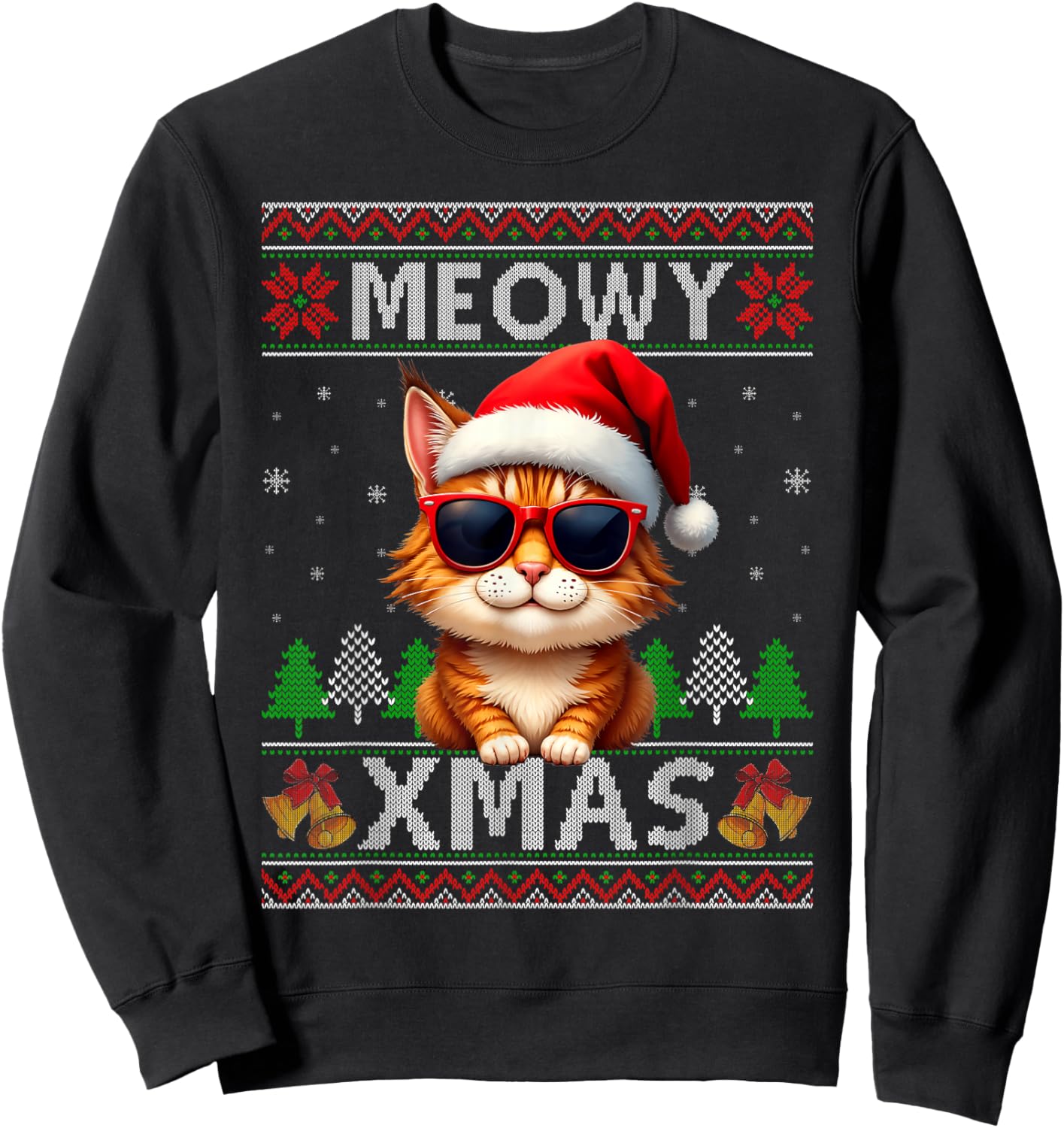 Meowy Xmas Cat Sunglasses Xmas Lights Ugly Christmas Sweater Sweatshirt - Sweatshirt | Black