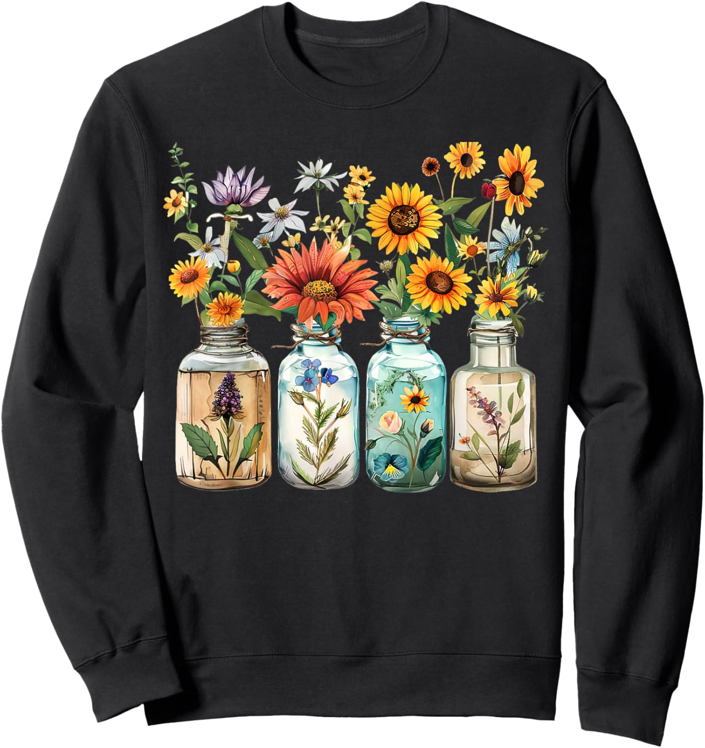 Vintage Sunflower Botanical Plant Gardening Women Flower Jar Sweatshirt - Sweatshirt | Black