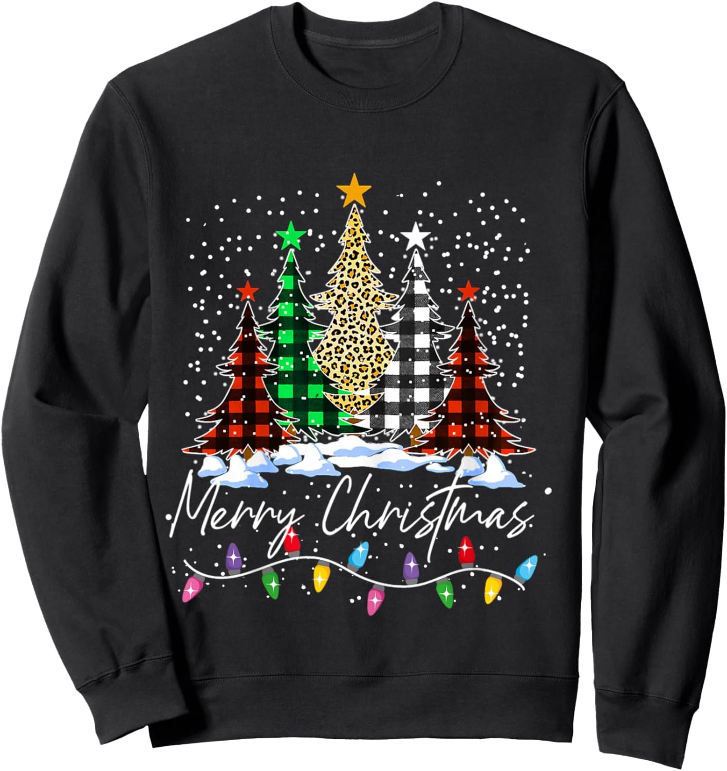 Merry Christmas Trees With Buffalo Red Plaid Leopard Xmas Sweatshirt - Sweatshirt | Black