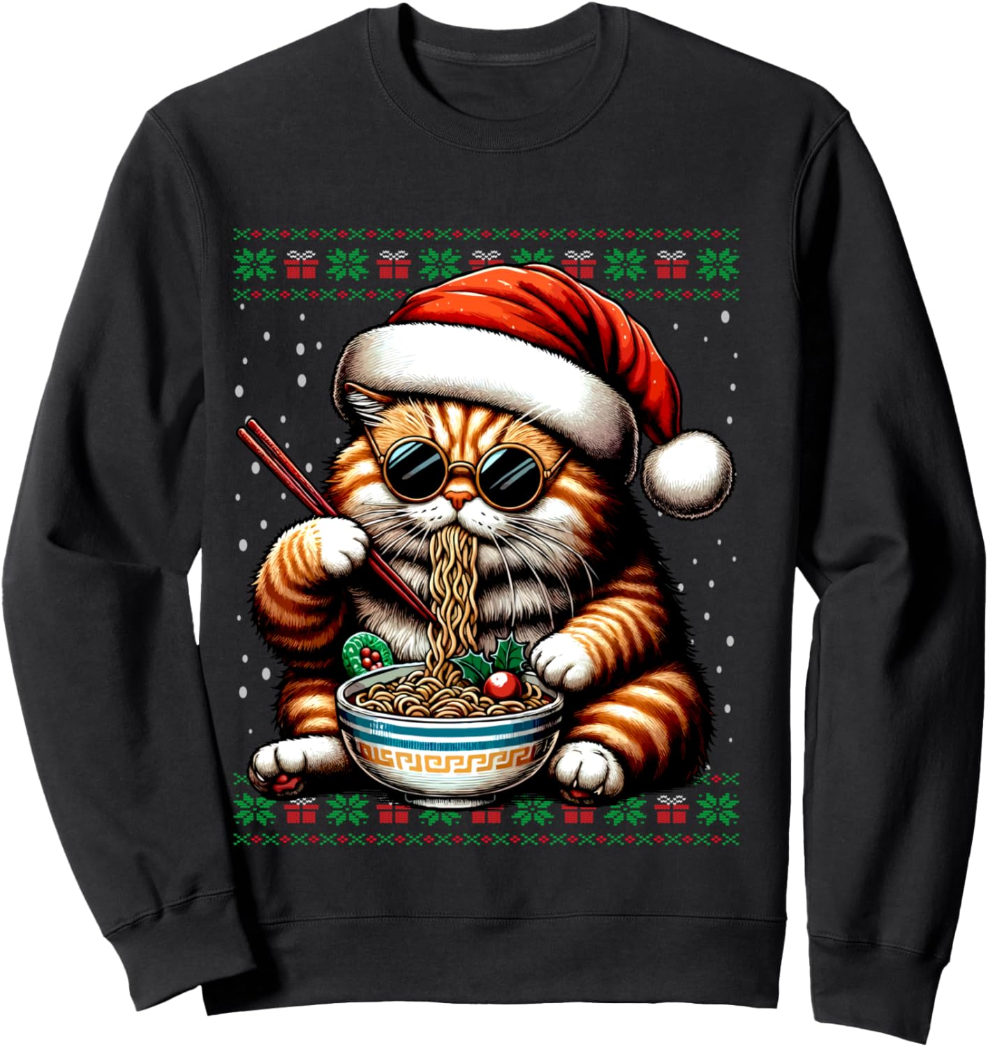 Christmas Cat Eating Ramen Ugly Christmas Sweater Sweatshirt - Sweatshirt | Black