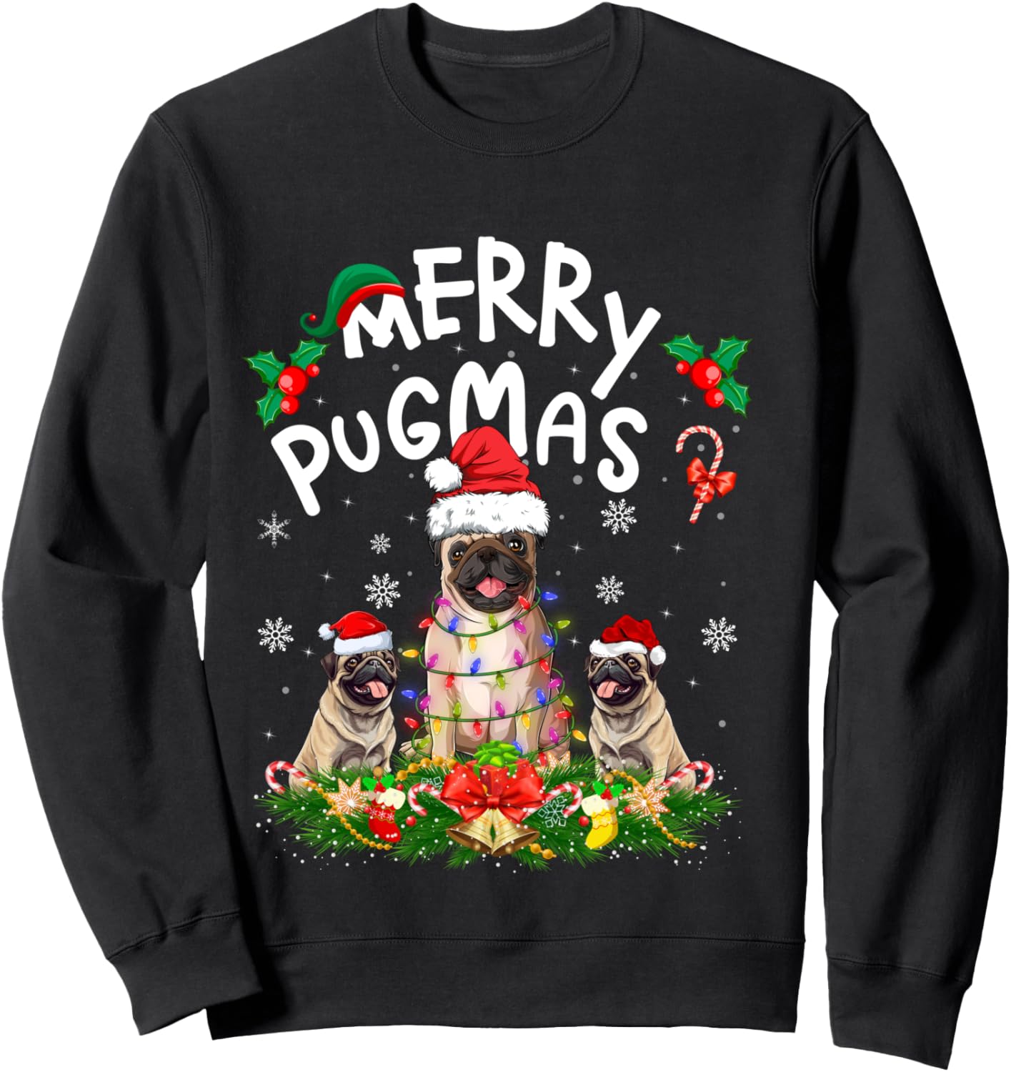 Merry Pugmas Xmas Lighting Santa Pug Dog Christmas Sweatshirt - Sweatshirt | Black