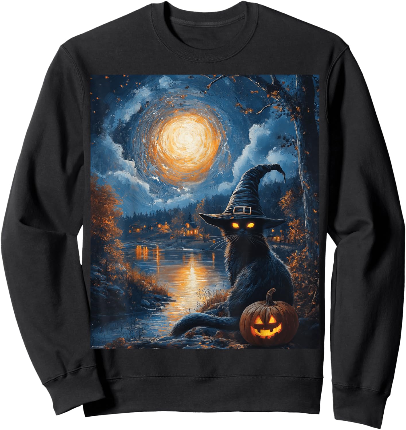 Halloween Van Gogh Starry Night Black Cat Pumpkin Spooky Sweatshirt - Sweatshirt | Black