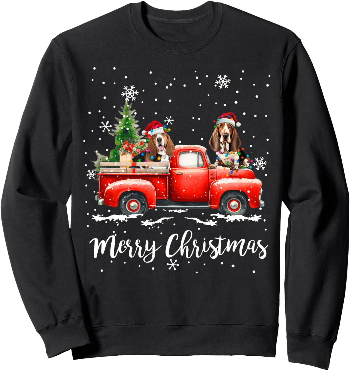 Basset Hound Red Truck Christmas Santa Hat Xmas Dog Lover Sweatshirt - Sweatshirt | Black