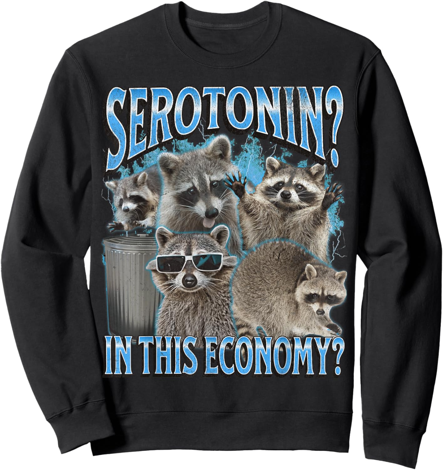 Serotonin In This Economy Funny Raccoon Meme Bootleg Graphic Sweatshirt - Sweatshirt | Black