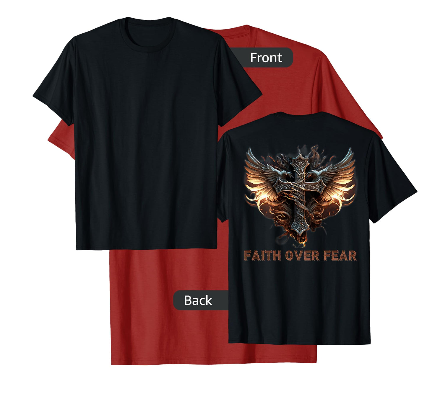 Angel Wings Christian Cross Faith Over Fear - On Back T-Shirt
