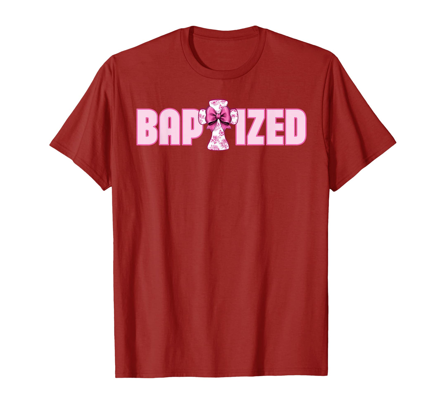 Baptized Pink Toile Cross And Coquette Bow For Baptism T-Shirt