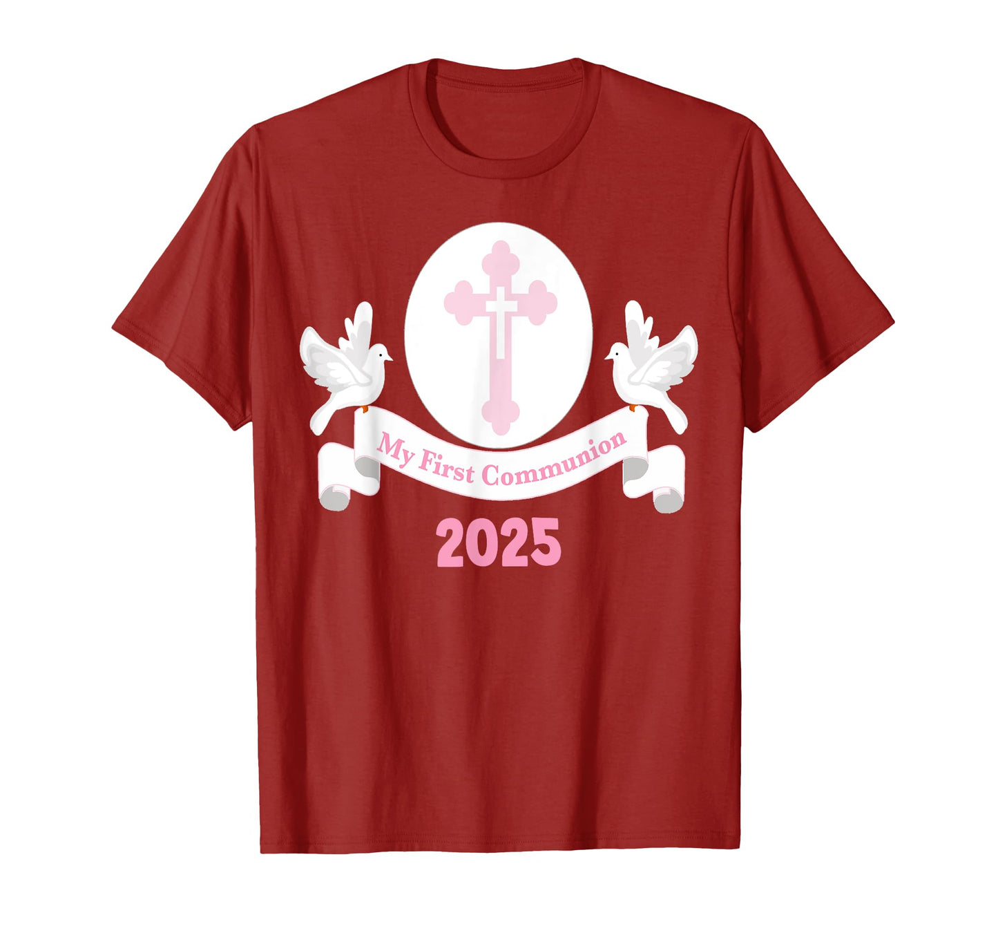 First Communion 2025 Girls Cross Pink Daughter Niece Kids T-Shirt