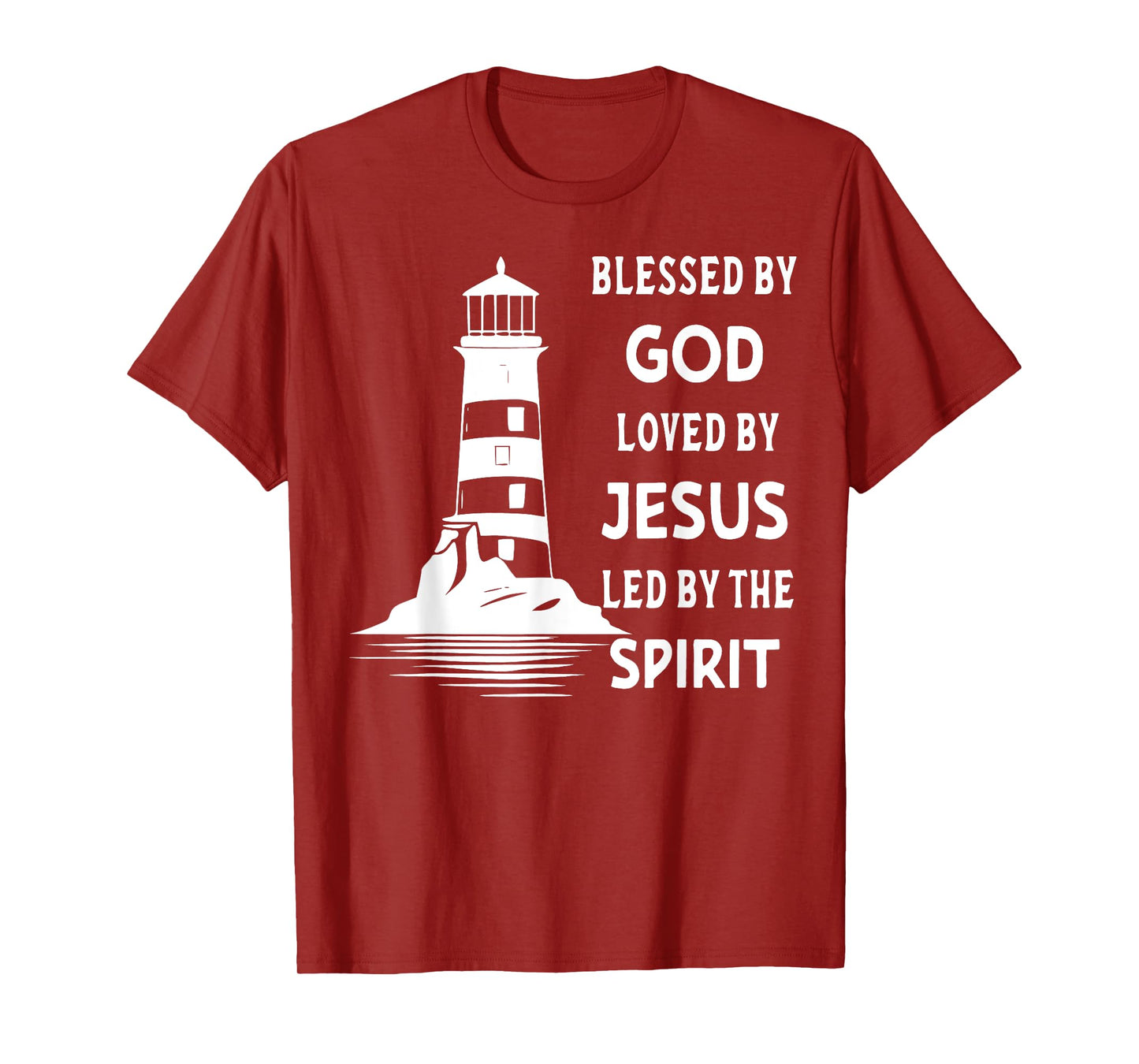 Jesus Shirts Apparel And Accessories - Blessed By God, Loved By Jesus, Led By The Holy Spirit - Christian Lighthouse T-Shirt - Unisex-Adults, Unisex-Kids - Black - Short Sleeve - Small - Classic Fit