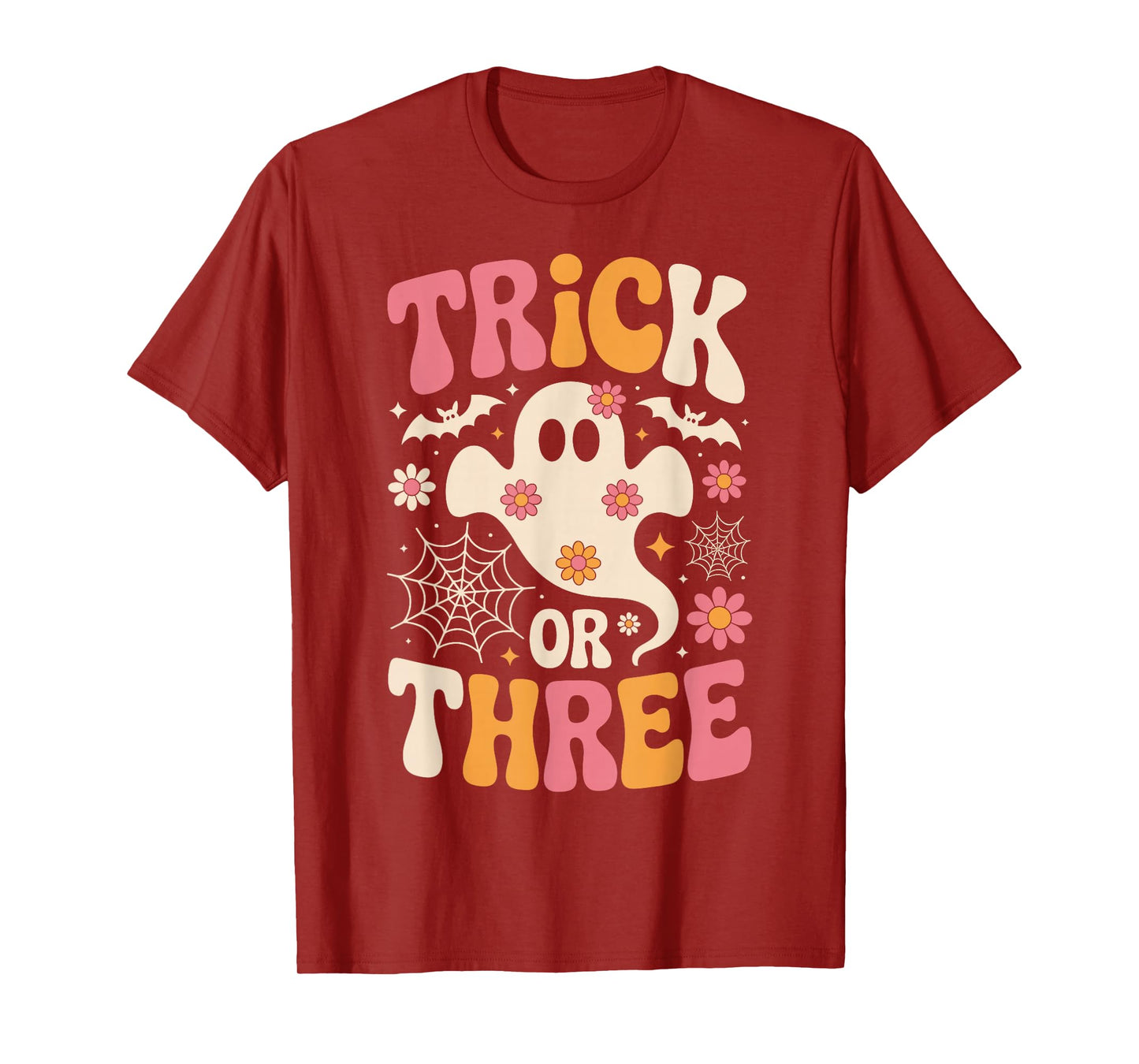 Trick Or Three 3 Years Old Birthday Groovy Ghost Halloween T-Shirt
