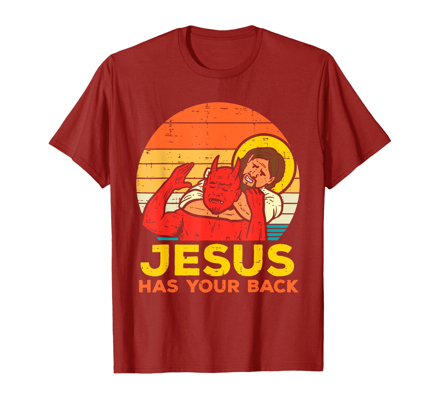 Jesus Has Your Back - Retro Sunset Jesus Wrestling Devil T-Shirt