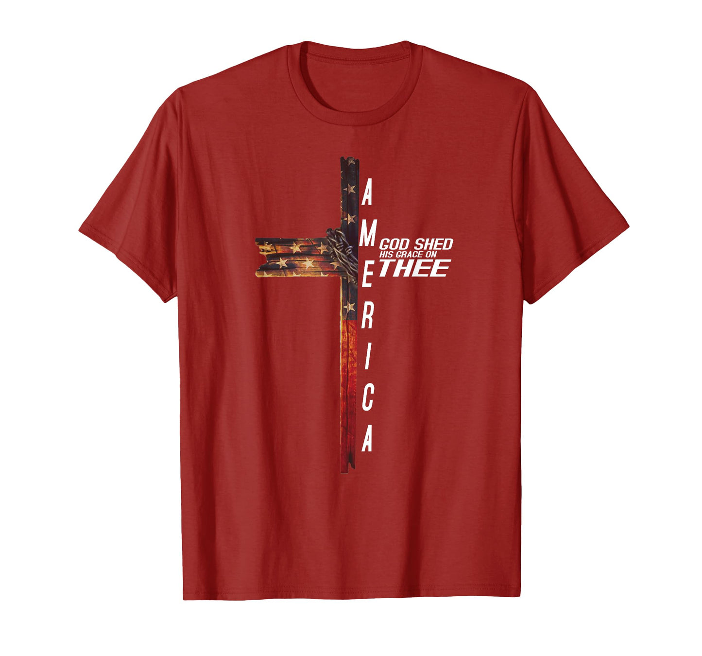 Cross With Flag USA America God Shed His Grace on Thee T-Shirt