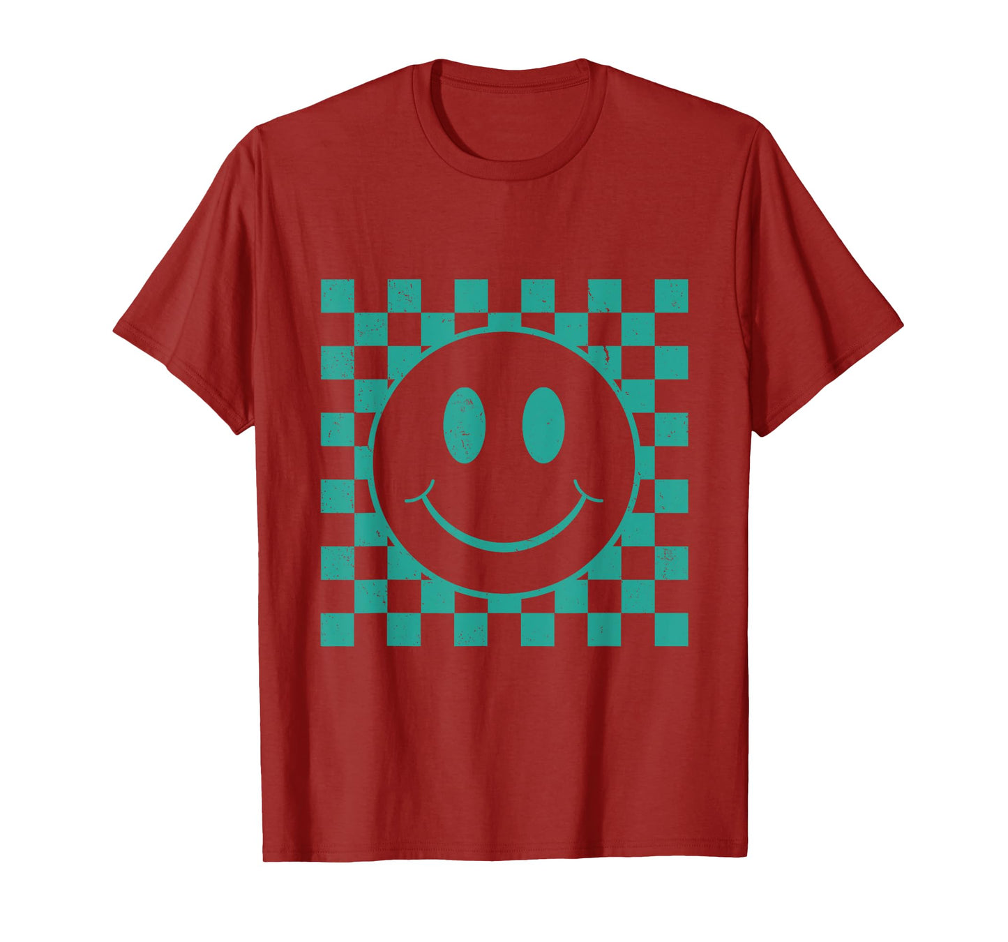Cute Retro Happy Funny Teal Green Smile Face Checkered T-Shirt